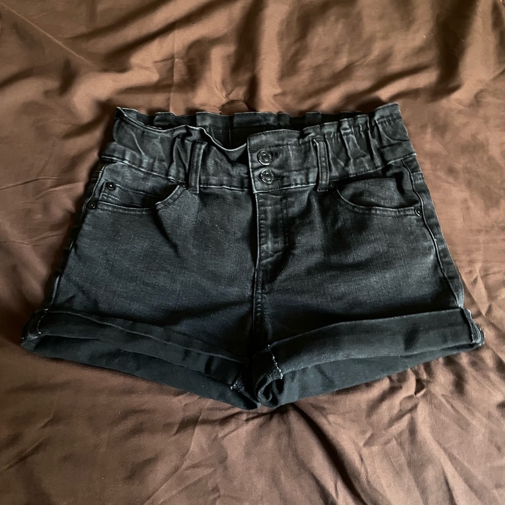 High Waist Black Denim Shorts with Rolled Hem